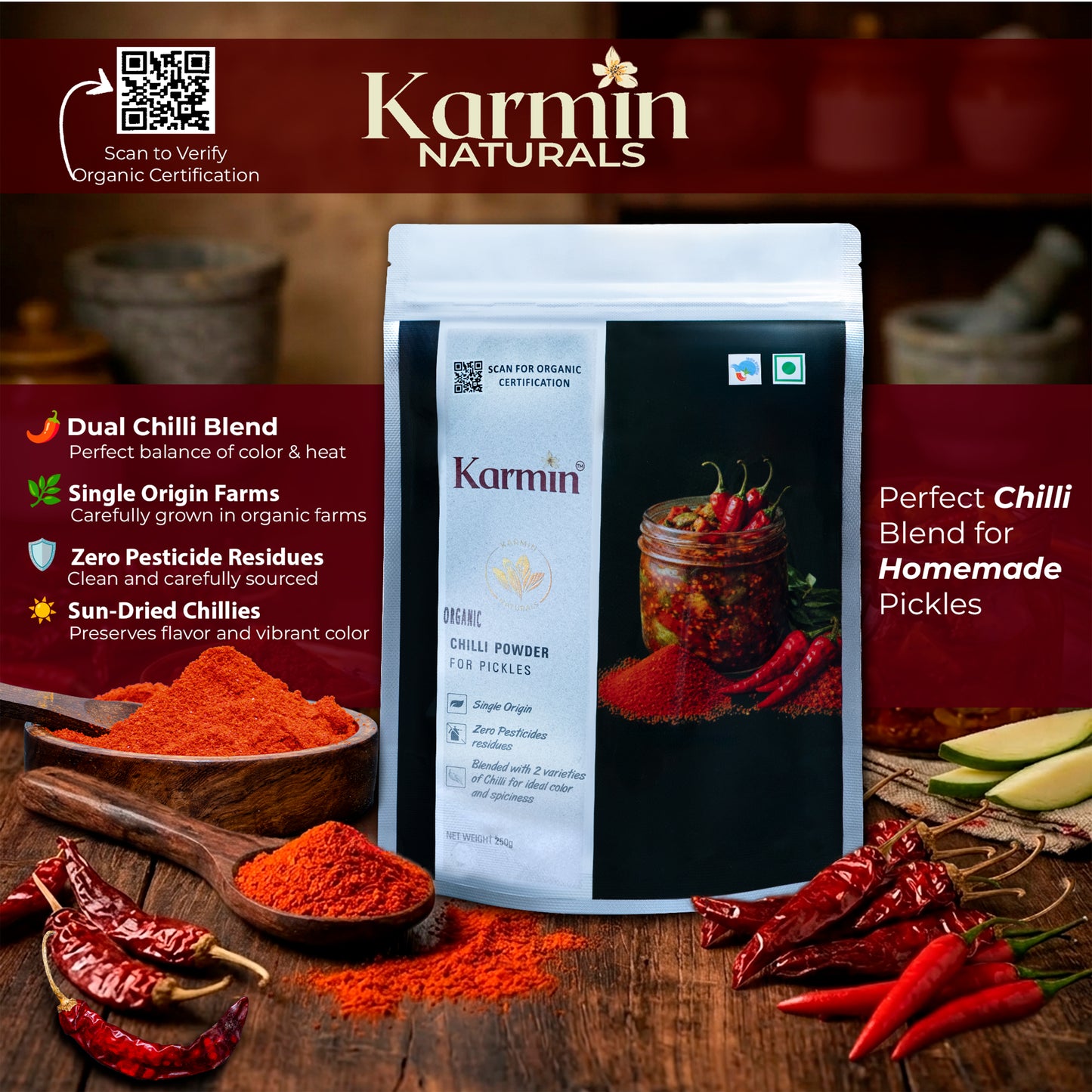 Karmin Organic Red Chilli powder for Pickles (250g)
